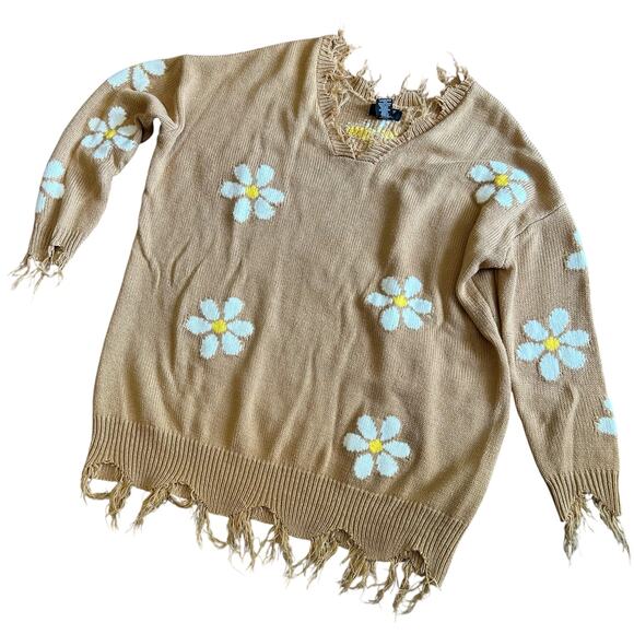Just Polly New York Brown w/ Daisy Sweater SZ L Distressed V-neck Raw Edge - Picture 5 of 10